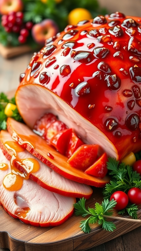 A succulent honey-glazed baked ham on a platter, garnished with parsley and fruits.